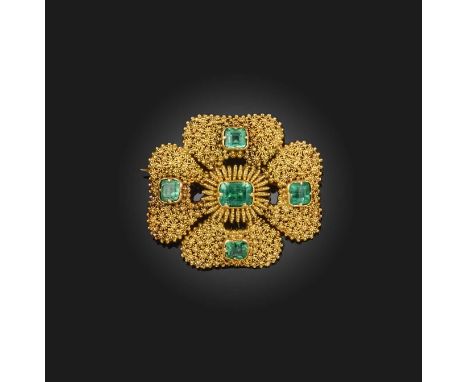 A gold and emerald brooch, 1830s, of quatrefoil design, composed of gold cannetille, set with step-cut emeralds, length 2.6cm