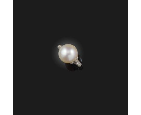 Cartier, a cultured pearl and diamond ring, set with a cultured pearl measuring approximately 12.9mm diameter, to a foliate s