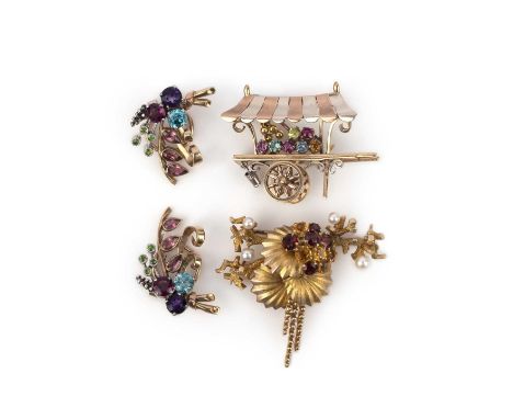 Alabaster &amp; Wilson, two gem-set brooches and a pair of ear clips, mid 20th century, comprising: one brooch designed as a 