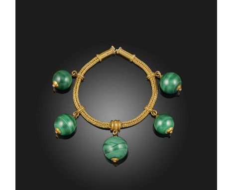 A gold and malachite bracelet, 19th century, designed in the Archaeological Revival style, composed of a foxtail link chain s