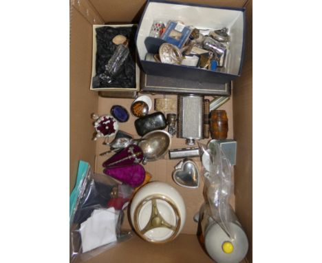 Miscellaneous collectibles, including cased cutlery, hat pins, plate ware, lockets, hip flask, money box, sherry, whisky and 