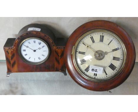 An inlaid mahogany manual wind mantle clock together with a manual wind wall clock with alarm (2)