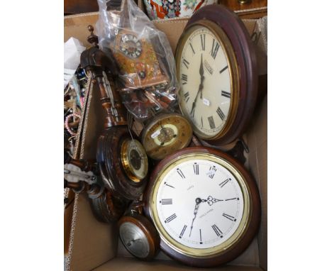 Three wall barometers, cuckoo clock, clock movement and two wall clocks, one marked Cosalt