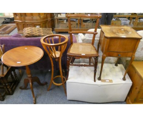 A mahogany tripod table, jardiniere stand, bolstered blanket box, bedroom chair, sewing cabinet with hinged lid and drawer (5