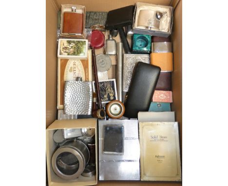 A box of miscellaneous collectibles including hip flasks, cigarette boxes, photo frames, watch, card cases, trinket boxes and