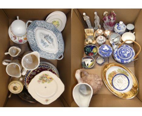Two boxes of china, various decorative plates, teapot with matching ginger jar, jug, figurines and other items
