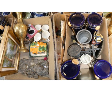 Two boxes of miscellaneous including a brass desk stand, a cheese dish in the form of The Cheese Inn, a set of collectors pla