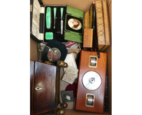 Two cased vanity sets, decorative boxes, a wall barometer, a mahogany sarcophagus, a box on raised ball and claw feet, photo 