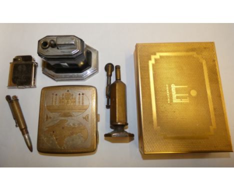 A Ronson Touch Tip chrome and bakelite table lighter, two trench art lighters, an Ottawo Air Station 1933 lighter and two cig