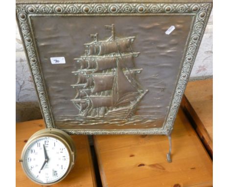 A Smiths quartz chips clock, together with a brass fire screen (2)