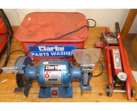 A Clarke 6" bench grinder CBG6RWC together with a Clarke parts washer and a Clarke trolley jack (3)