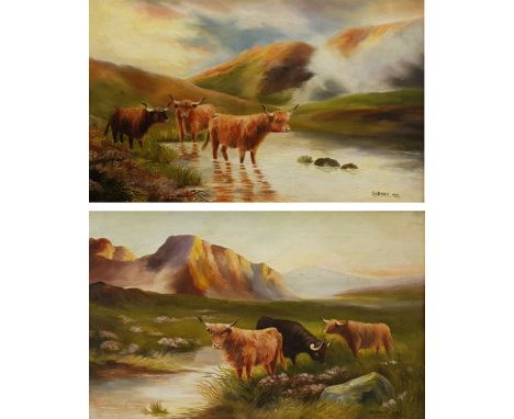 S H Dennis (British early 20th century): Highland Cattle, pair oils on canvas signed and dated 1935, 34cm x 55cm and a furthe