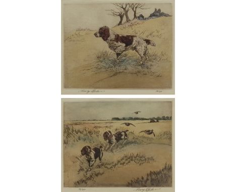 Henry Wilkinson (British 1921-2011): Spaniels Chasing Partridges, pair limited edition colour drypoint etchings signed and nu