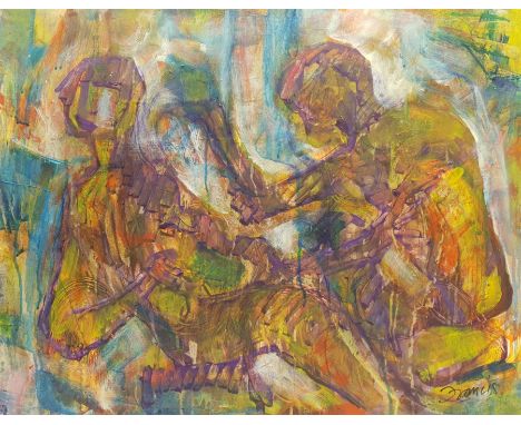 Francis Perera (Sri Lankan 1931-): 'Advice', oil on sail canvas signed, titled verso 56cm x 72cm (unframed) Notes: Perera a n