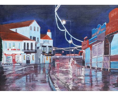 John R Young (British Contemporary): 'Just Before Dawn' Sandside Scarborough, acrylic signed, titled with artist's studio car