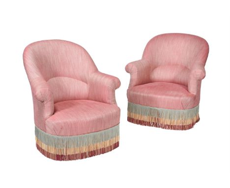 A PAIR OF PAULO MOSCHINO FABRIC UPHOLSTERED ARMCHAIRS IN VICTORIAN STYLE, LATE 20TH CENTURY  Upholstered in Paulo Moschino ru