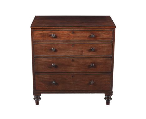 Y&nbspA REGENCY MAHOGANY AND CROSSBANDED CHEST OF DRAWERS CIRCA 1820 With turned ebony handles, the top drawer bearing a stam