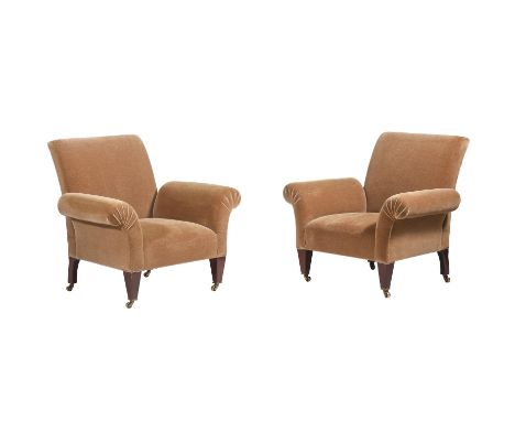 A PAIR OF GEORGE SMITH ARMCHAIRS  CIRCA 2014 Upholstered in taupe house velvet  Each 84cm high, 96cm wide, 75cm deep  Conditi