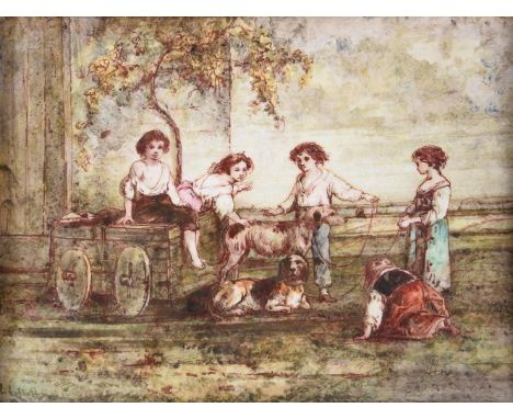 A PAINTED PORCELAIN PLAQUE, ATTRIBUTED TO EMILE AUBERT LESSORE MID 19TH CENTURY Painted with a scene of children playing with