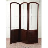 Y A PAIR OF BESPOKE MAHOGANY AND EBONY BANDED THREE FOLD ROOM DIVIDER SCREENS