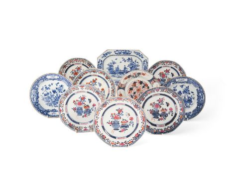 A GROUP OF CHINESE EXPORT PORCELAIN  18TH CENTURY Including a set of six famile-rose plates painted on the deep central with 