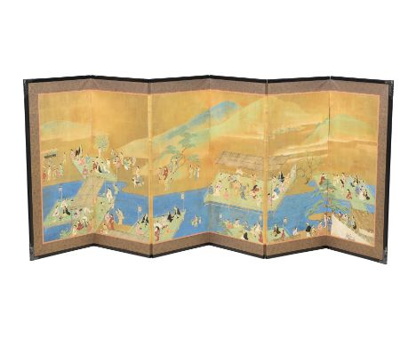 TWO JAPANESE BYOBU SCREENS FIRST IN IMITATION OF THE STYLE OF OGATA KORIN in ink and colours on paper, with brocade silk surr