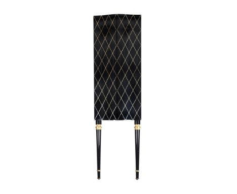 A BLACK AND GILT LACQUER CABINET  MODERN Of serpentine fronted outline, the pair of doors enclosing four glass shelves with b