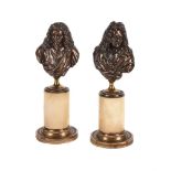 A COMPANION PAIR OF FRENCH PATINATED BRONZE BUSTS OF MOLIERE AND RACINE, 19TH CENTURY