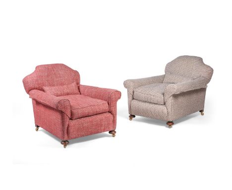 A PAIR OF ARMCHAIRS IN THE MANNER OF HOWARD & SONS  FIRST HALF 20TH CENTURY Both upholstered in Fermoie fabric, one in printe