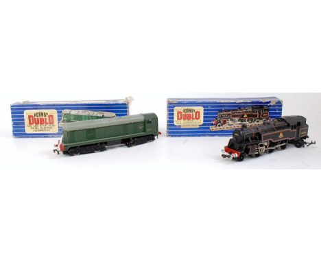 A Hornby Dublo 2 - rail EDL18 standard 2-6-4 tank engine, chips to raised edges (G-BF) and sold with an L30 Bo-Bo diesel elec