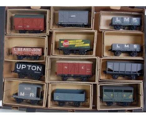 A large tray containing 12x assorted kit/scratch built goods wagons and vans including LMS 20 ton hopper, LTSR cattle, MR bra