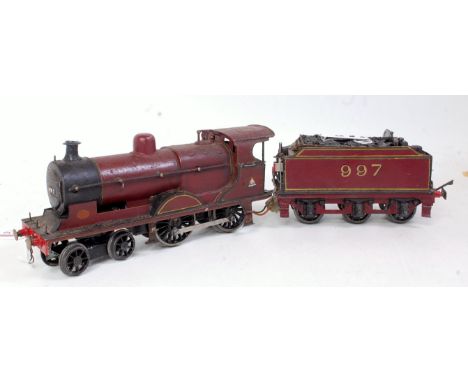 Marklin maroon 0-4-0 loco with 6 wheel tender No 997 - considerable crazing to paintwork to loco, steam dome repainted and te