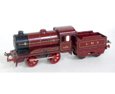 Hornby 1931-2 LMS maroon c/w No. 0 loco 0-4-0 No. 500 no cylinders - some small chips to body and boiler handrail with 4 whee