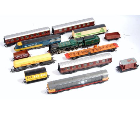 Mixed delve Hornby 'Evening Star' engine and tender (G) Railfreight grey class of 58 Co-Co diesel (G) 3 LMS Stanier coaches (