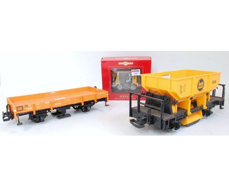 Three G scale items, boxed Bachmann big hauliers item no 96251 speeder PW maintenance vehicle (M-BM), two unboxed track clean