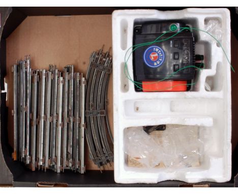 Lionel items; controller with direction/whistle/bell, two track power input clips, "27" electric track - 6 curves, approx 15 