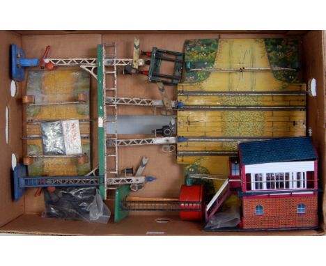 A large tray of mainly prewar Hornby accessories including 1936-38 No 2 E distant signal gantry, rusting to paint work and mi