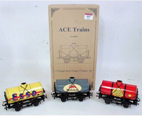 Ace Trains box containing 3 tank wagons Esso (yellow) mobil oil (gargoogle) and Colas (red) in set box (M-BM)
