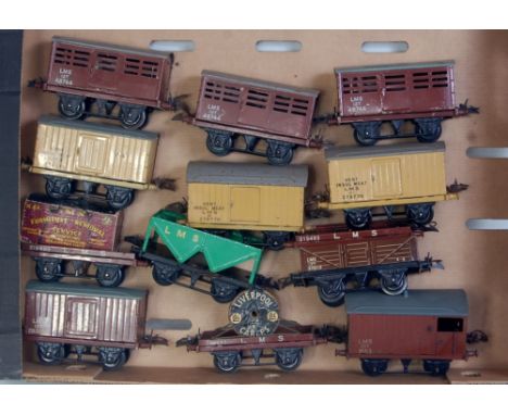 A large tray containing 13 Hornby LMS postwar wagons including 3x No. 1 cattle trucks, 3x No. 1 refrigerator vans, hopper, No