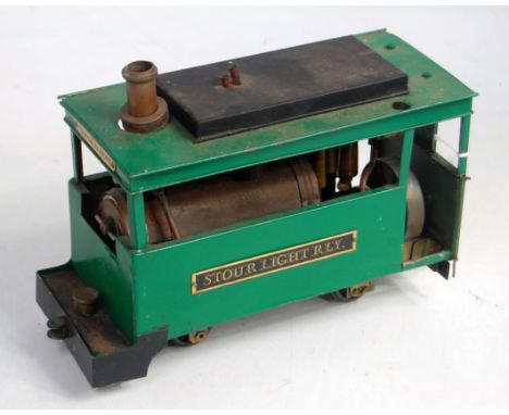 A scratch built Stour Light Railway live steam 040 tram comprising brass boiler with single cylinder upright oscillating engi