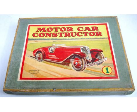 Meccano No 1 motor car constructor, restrung, used parts including manual, original card and box (F)