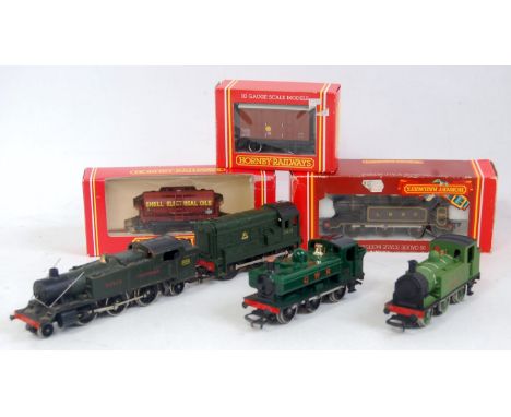 Mixed Hornby boxed R213 and R6069 wagons (G-BG) R315 LBPC 0-6-0 tank engine (G-BF) GWR pannier tank (G) LNER class J83 tank (