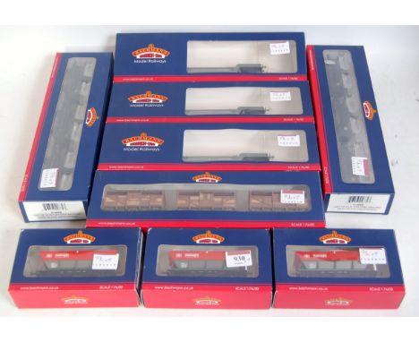 9 Bachmann wagons as detailed, 3x 33-901 E BR grey well wagon, 3x 38-006B HEA hopper wagon, 2x 37-666 B weathered has tank wa