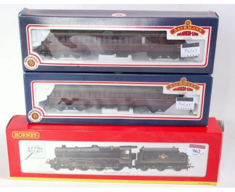 A Hornby R2382 BR black factory weathered Stanier class 5 engine and tender (G-BD) together with Bachmann 34-602 and 34-627 B