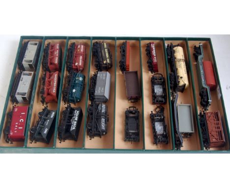 Tray containing 23 wagons including "Murgatroyds", tank, well wagon with boiler, 4 x Hopper wagons, some wheels changed (G)