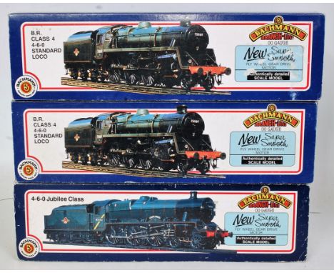 Three Bachmann 4-6-0 locos and tenders:- 31-154 LMS red "Impregnable", 31-105 BR standard class 4, black 75078, another 31-10