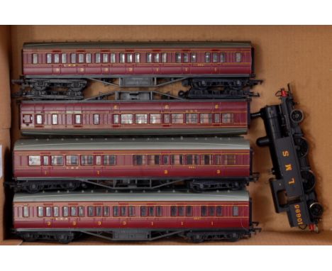 Bachmann LMS black 2-4-2 Tank loco 10695 possibly DCC fitted (G) with six mainline LMS Maroon corridor coaches (G)