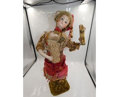 A rare Gustav Vichy 1880's lady dancing automation with tambourine, probably Francois Gaultier pressed bisque head, fixed blu