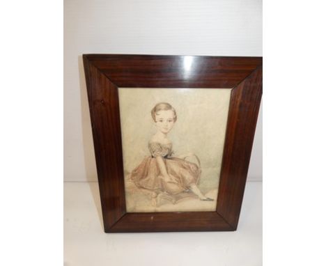 A Victorian English naive watercolour depicting a seated young girl holding a horse crop, unsigned, glazed and in mahogany fr