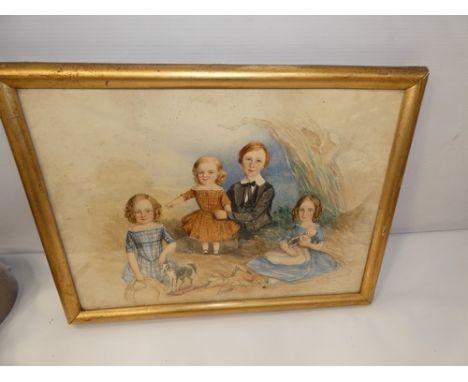 A Victorian English naive watercolour depicting four children. One girl in blue dress holding her doll, one girl with blue an